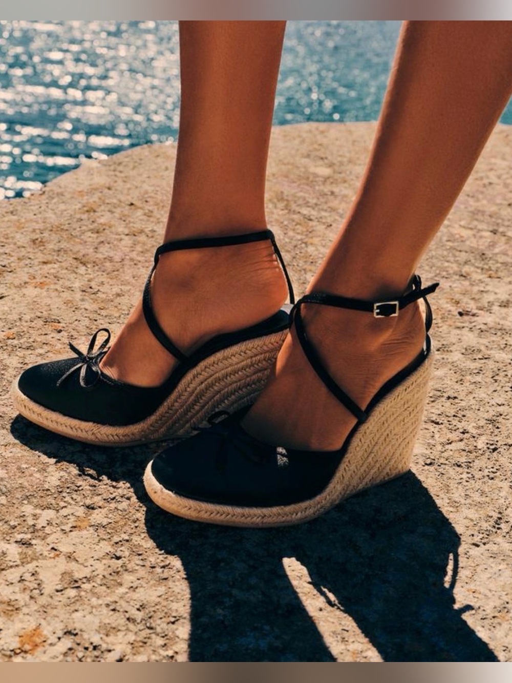 Zara Black Satin Wedge Sandal Espadrille Ankle Strap EU 39